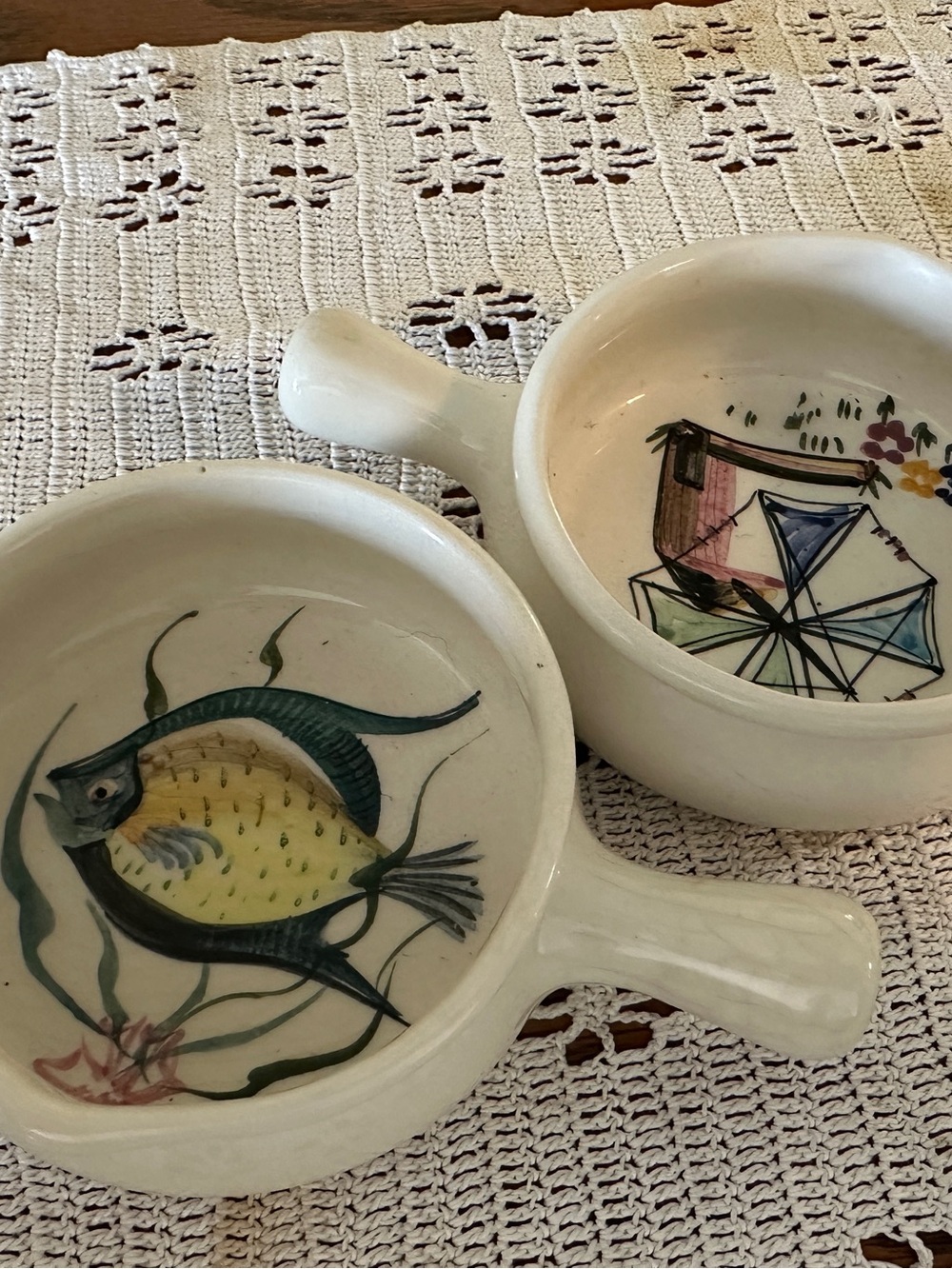 Vintage Secla Portugal Bowls Hand Painted Fish Umbrella Handle Pair 4"
